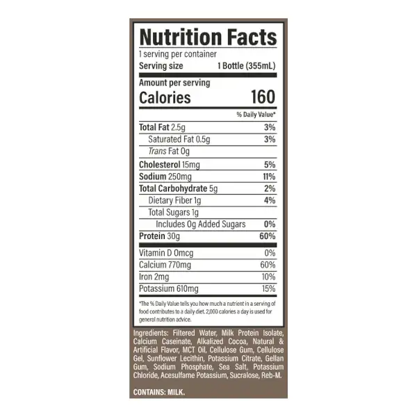 RAW Ready to Drink Protein Shake Supp Facts